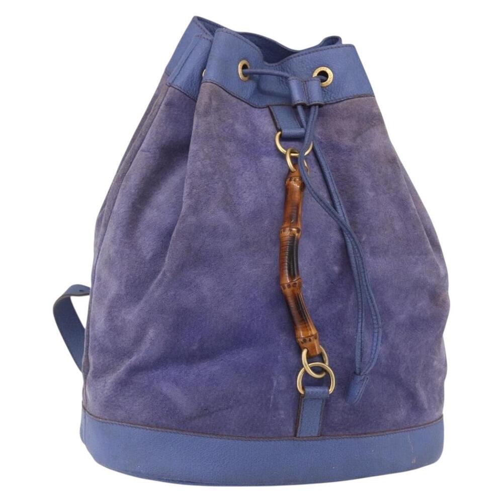 GUCCI Bamboo Backpack Suede Leather Blue Gold 003 2855 0043 0 Auth BA7788 - Picture 1 of 16